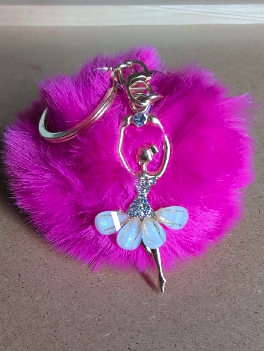 Pink Fur Pom Keychain with Gold Ballerina Charm